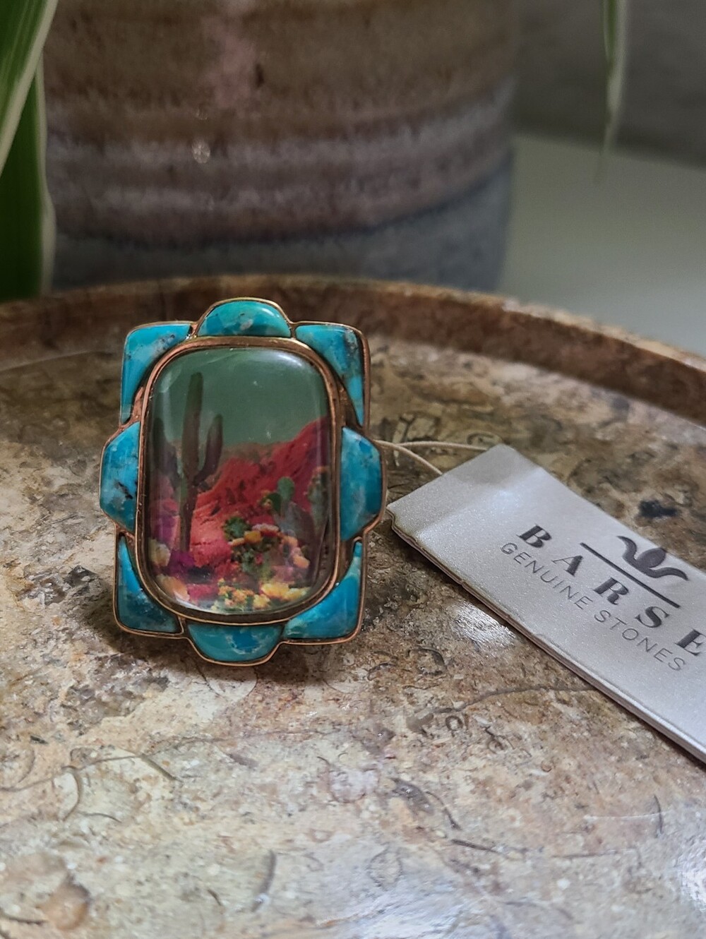 New Barse Navajo Native Style Turquoise Style Blue Western Gold Tone Ring